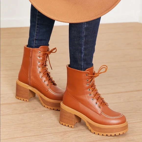 Lace Up Tan Platform Fall Boots - Picture 6 of 9
